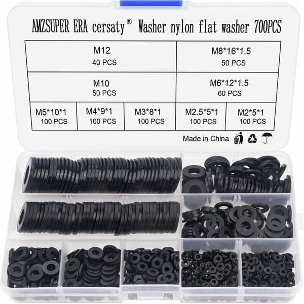700 stk. Højkvalitets sorte nylon skiver sortimentssæt (M2 M2.5 M3 M4 M5 M6 M8 M10 M12) - Med æske