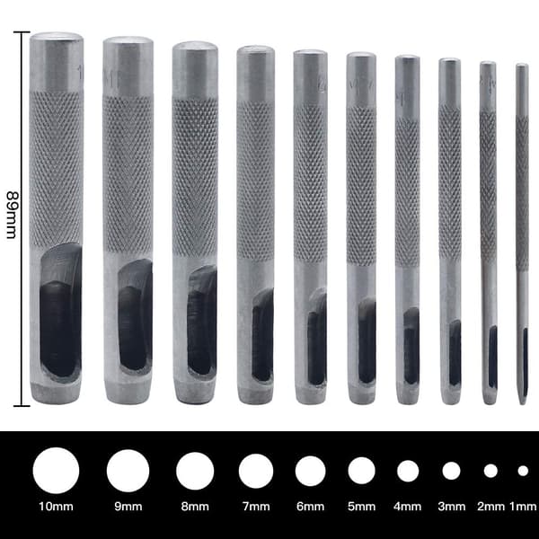 10 stk. runde hullstanser i stål, 1 mm til 10 mm, for lær