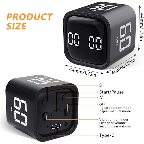 Kubtimer, Roterande Pomodoro-timer, 5/10/30/60 minuter och anpassad nedräkning, Digital timer med vibration Black