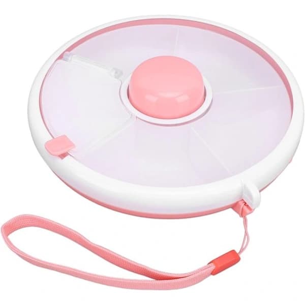 Snack Spinner Genanvendelig Roterende Snackbeholder med 5 Rum og Håndledsrem til Børns Rejser, Rosa