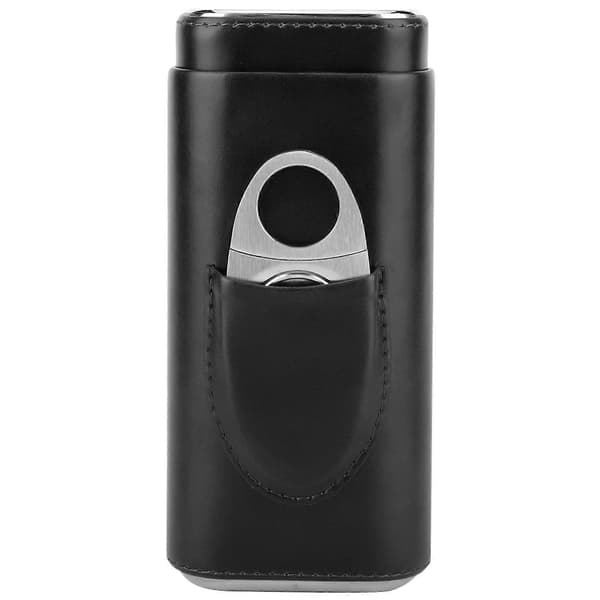 Portable Leather Cigar Case Cedar Wood Lined Cigar Humidor with Cutter (for 3 Cigars Black) [DB]