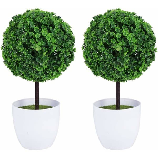Set med 2 små konstgjorda topiary-blomkrukor i vit keramik
