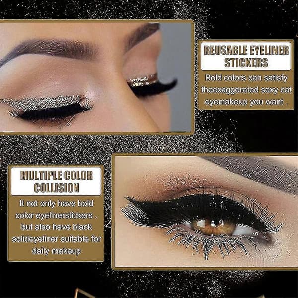 16 Pairs Reusable Eyeliner and False Eyelash Stickers with Sequins for Eyeshadow, Makeup Gold