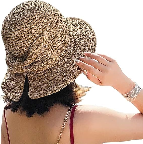 Khaki - Foldbar Strandhat - Sommerhatte til Kvinder - Hatte med Sløjfer