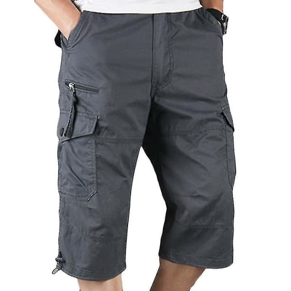 Menn 3/4 Lange Elastiske Shorts Midje Cargo Combat Tre Kvart Bukser Mørkegrå XL