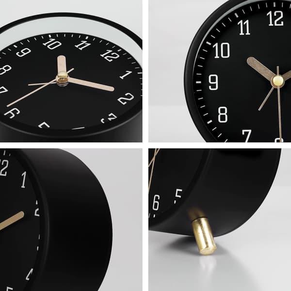 Klassisk tyst analog väckarklocka, svart metall, modern väckarklocka