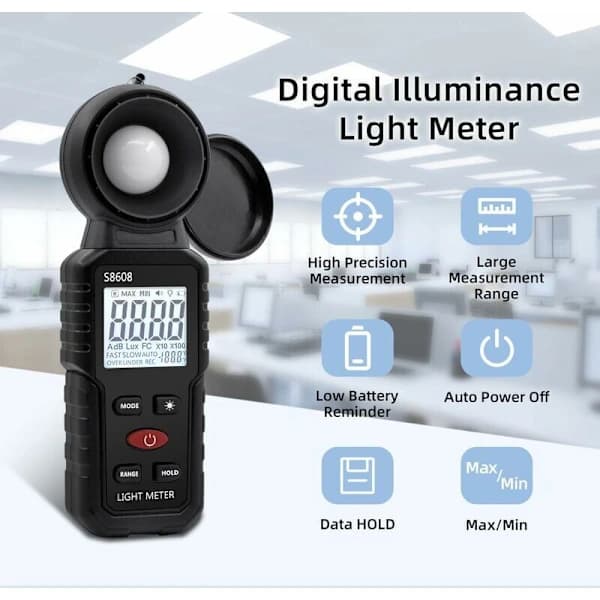 Digital Luxmeter, Lysmåling med 0,1-200.000 Lux, Bærbart Digitalt Omgivelseslysmålerområde Op til 200.000 Lux til LED-lys, Planter