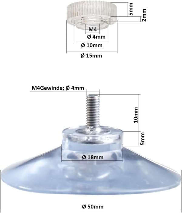 *8 x sugkopp Ø 50 mm med M4x10mm gänga med räfflade muttrar Tr*