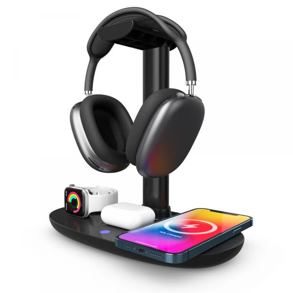 Hovedtelefonstativ med trådløs oplader, 4-i-1 ladestation headset-holder til skrivebordsspil