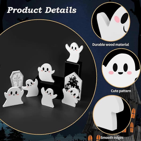 Cute Ghost Halloween Decorations Indoor, 6pcs Halloween Spooky Decorations, Wooden Shelf Decor Table Sign, Ghost Sign