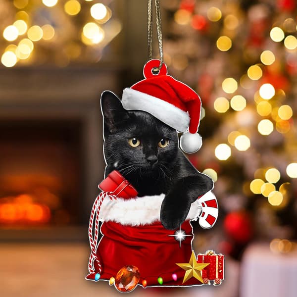 Sort kat Halloween-pynt, sød kat jul, juletræspynt, juletræshængende, top-pynt (kat rød hat, 1)