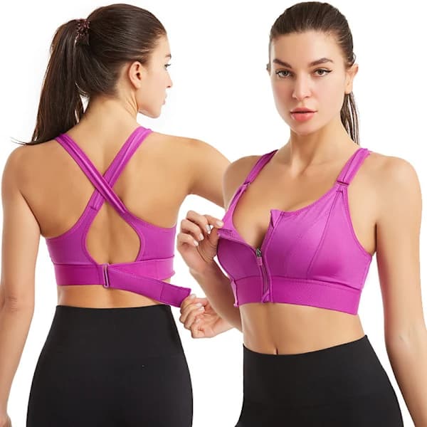 Women's Sports Bra, High Support, Front Zipper, Adjustable PURPLE L