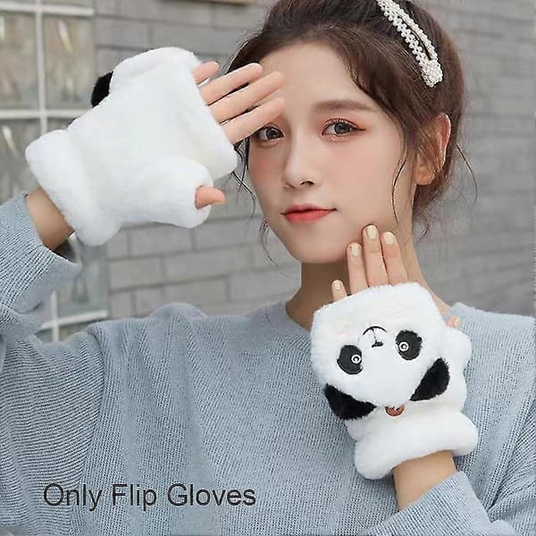 1 par Dam Daglig Söt 2-i-1 Flip Handskar Halv Finger Tecknad Panda Vinter Varm vit white