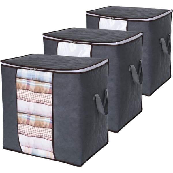 Large Clothes Storage Bag with Reinforced Handle, Clear Window & Strong Zipper - 3-pack, 50x36x50cm, Grey