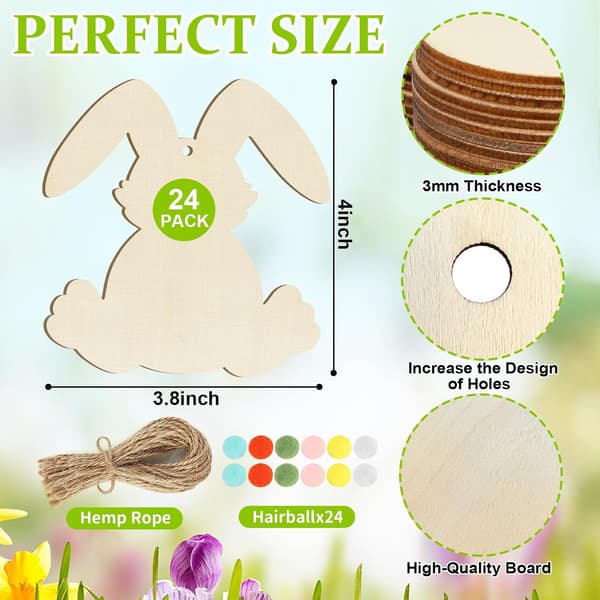 Wooden Rabbit Ornaments to Paint Easter Decorations Cutouts Unpainted 24 Pcs 9 x 7.6 cm