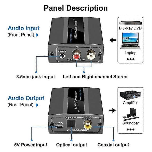 Analog til digital lydkonverter RCA til optisk med optisk kabel lyd digital Toslink og Coaxi