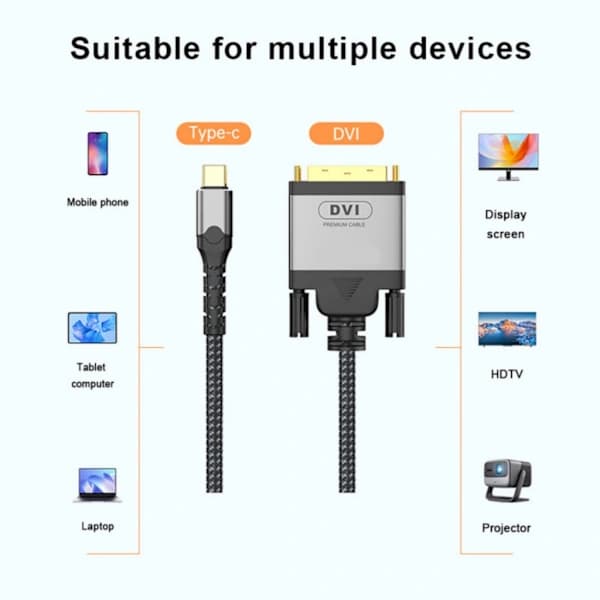 2m/6.56ft USB C til DVI Videooverførselskabel til Bærbare Computere og Telefoner Skærmdeling Understøtter 1080P Opløsning og 60Hz