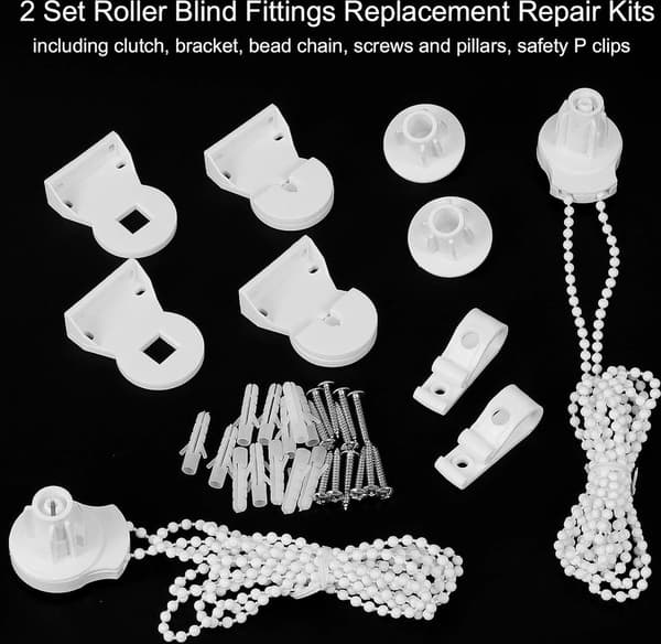 Roller Blind Repair Kit, 25mm, with Wall Brackets, Beaded Chain, Child Safety Clips, White, 2 Sets