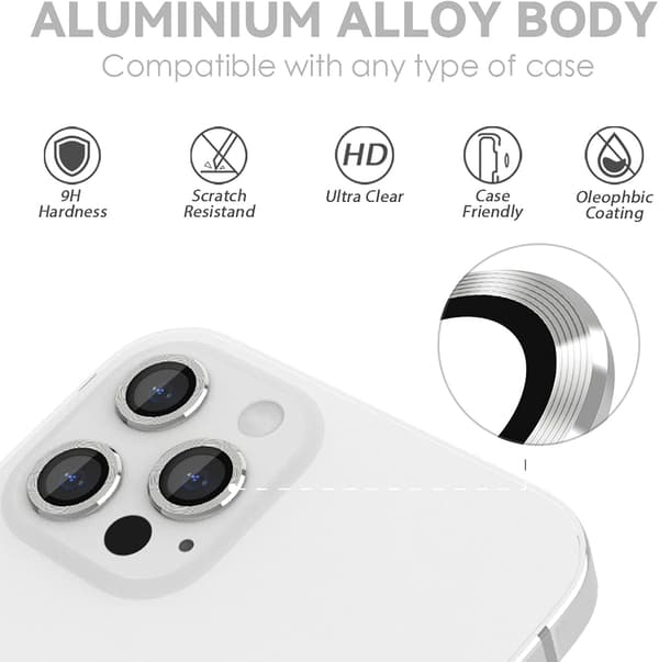 Silver bakre kameraskydd kompatibelt med iPhone 13 Pro och iPhone 13 Pro Max, [aluminiumlegering], fullt skydd och 9H hårdhet kameraskydd