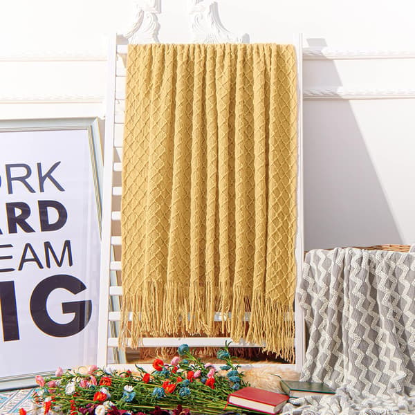 Akryl Strikket Plaid, 120x170 cm, Gulternet, Stor
