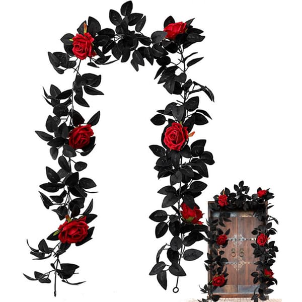 Guirlande med sorte kunstige roser, efterårslønblade til ophængning, sorte efterårsblade, kunstig blomst, silkeranke, efterårshøst, Thanksgiving, Halloween