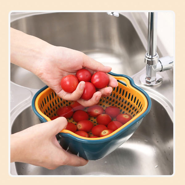 Vegetable Washing Basket Double Layer Drains Quickly Hanging Multifunctional Fruit Strainer with Side Handle for Kitchen L Blue Yellow