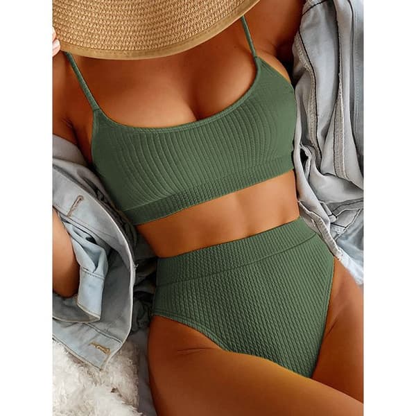 Kvinnor Hög Midja Ribbad Cami Bikini Baddräkt Armégrön L-US12