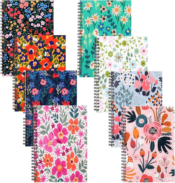 8-pakke A5 spiraljournal blomsternotatbok for kvinner, blomsterstil -