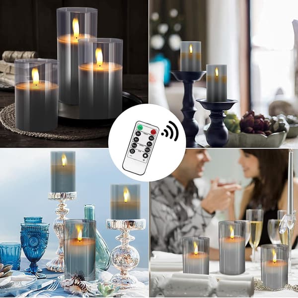 Sæt med 3 grå flammeløse glaslys (D: 3  \"X H: 4 \"/5  \")