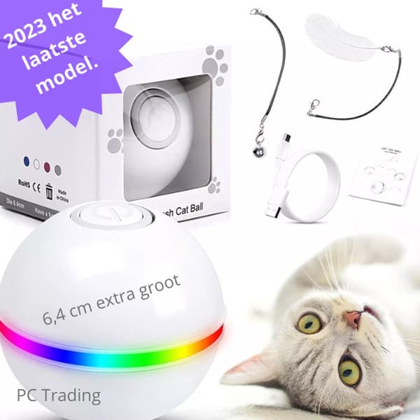 Smart White Interactive Self-Rolling Cat Ball - 7 LEDs, includes USB cable, feather, bell