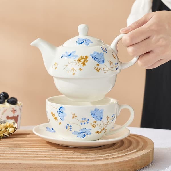 Porcelæn Te Til En, Blomstret Tekande og Kop Sæt, Orkidéer
