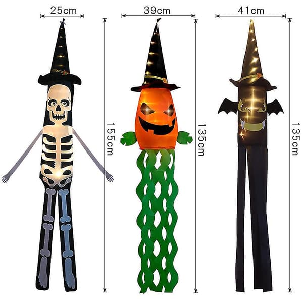Halloween LED Lysende Vindpose Græskar Spøgelse Vindpose Flag Udendørs Hængende Dekoration Til Have (Skelet Farvet Lys)