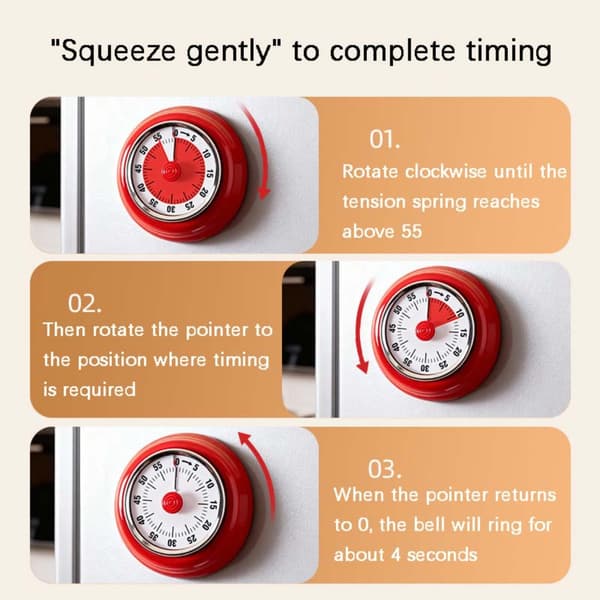 Mechanical Kitchen Timer - Magnetic Countdown Timer for Cooking and Baking, Battery-Free Timer with Loud Alarm White White White