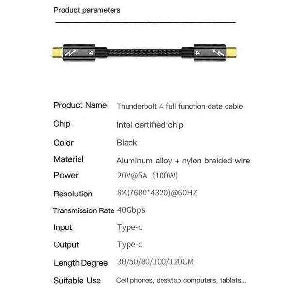 1m Thunderbolt 4 USB 4 Type-C -kaapeli 40 Gbit/s 8K@60Hz PD 100W pikalatausdatakaapeli MacBook Prolle