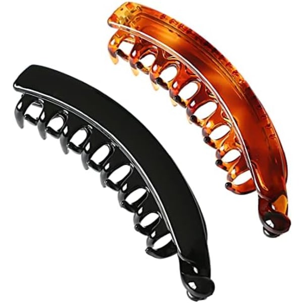 Androxeda 2-pack Hårklämmor för Kvinnor Stor Hårklämma i Plast Hästsvans Hårklämma Bananklämma Damer Mest Robust för Volym (Svart och Brun) - - - -