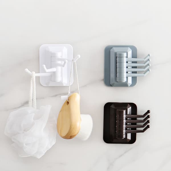 The new 4 hooks multi-function rotating hook Kitchen Bathroom Wall Storage Strong self-adhesive towel rack Free punching No Trac White White