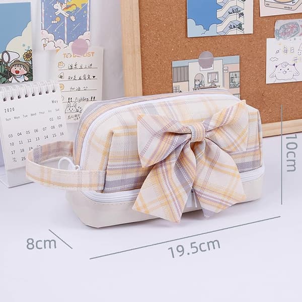 Cute Plaid Bow Pencil Case - Canvas Pencil Case for Pens and Highlighters