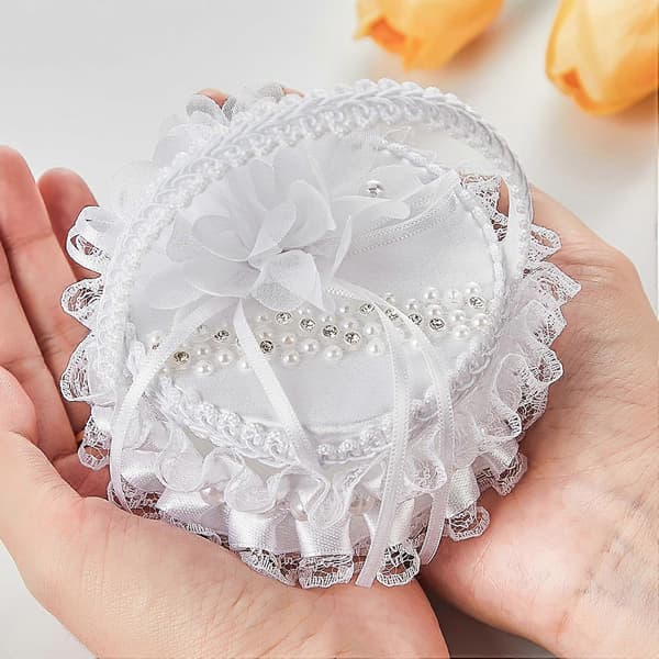 2 Pieces Lace Ring Pillows, Wedding Lace Rose Ceremony Ring Holder with Handle