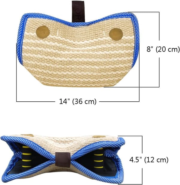 Bitekile i jute/lin, 2 håndtak + 1 ring, 35,5 cm & 20 cm for store hunder (schæfer/bully/pitbull/rottweiler)