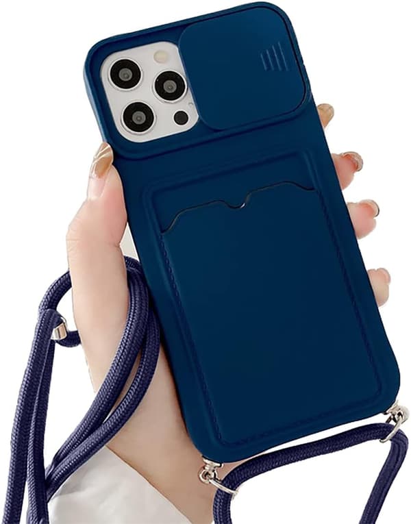 Navy Blue iPhone 11 Pro Max Case with Lanyard, Protective Camera Slide Case for iPhone 11 Pro Max Silicone TPU Bumper Case with Card Slot H