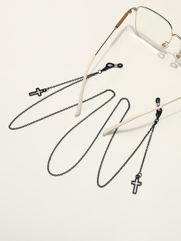 Metal Eyeglass Chain, Black, with a Hollow Cross.