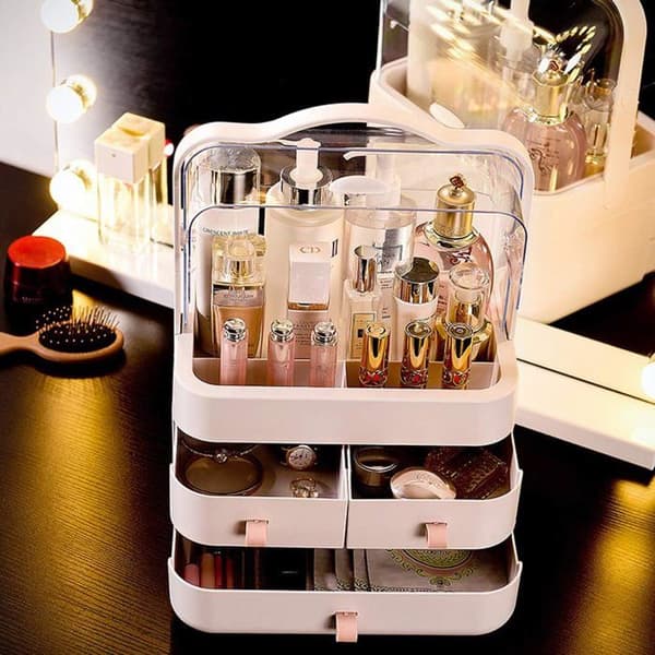 Makeup Organizer with Drawers and 180° Rotating Transparent Lid, Perfume Storage for Dressing Table, Bathroom