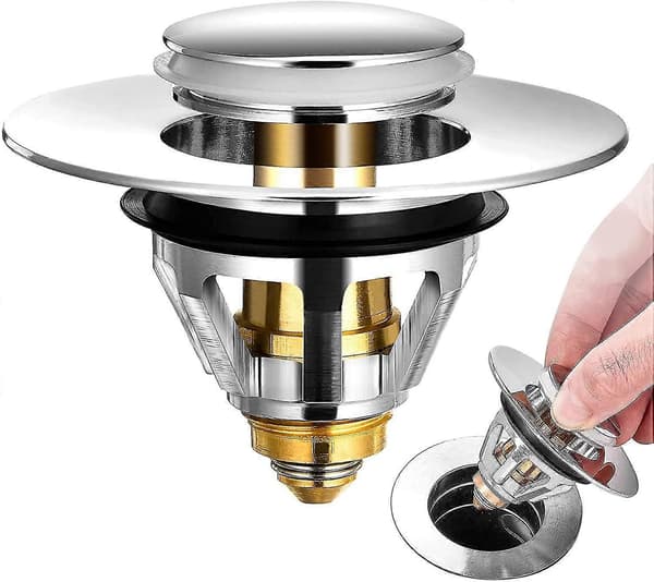 Afløbsprop i rustfrit stål Bullet Core Push Spildfri Pop Up-vask med kurv til køkken og badeværelse - ID 34 mm - 38 mm