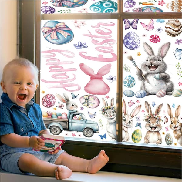 Easter Window Stickers 3D Bunny Egg Spring Decorations Reusable Electrostatic Sticker Set With 9 Pieces