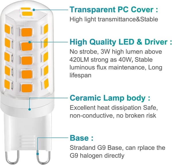 G9 LED-lampa 3W Varmvit 2700K, LED-lampor 420LM, 5-pack