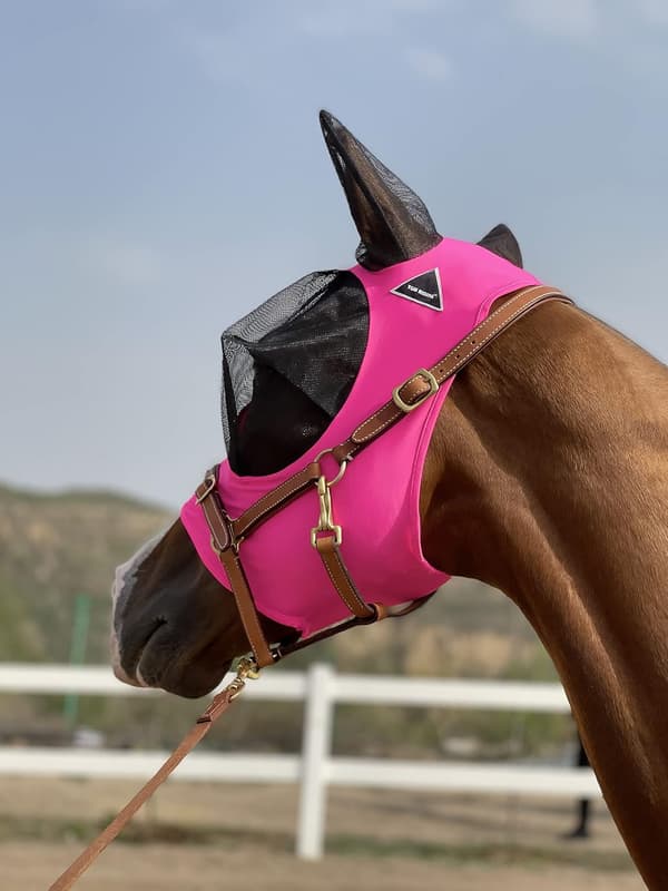 Hästflugmask Ultrabekväm Hästflugmask Elastisk Rem Öronflugemask (Mörkrosa)