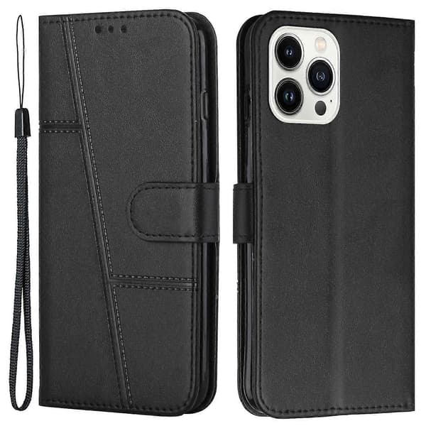 Plånboksfodral för iPhone 15 Pro PU-läder Ställ Caif Textur Telefonfodral med Rem