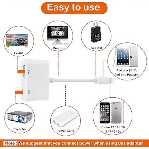 HDMI-adapter for iPhone til TV, 1080p Digital AV-adapter Kompatibel med iPhone og iPad (Må kobles til strøm)