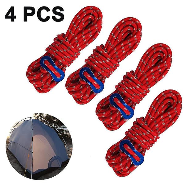 Reflekterande tältlina i nylon med justerare för campingtält, 4-pack (röd)