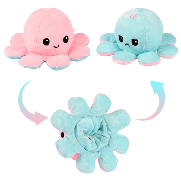 Original vendbar blæksprutteplys - Pink + Kurv - Yndigt sensorisk fidget-plysdyr til at vise dit humør